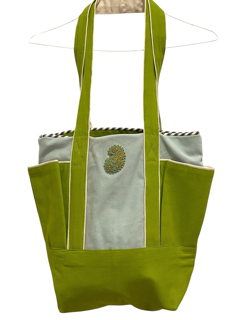 Chandler 4 Corners Green and Light Blue Canvas Tote Bag with Beaded Accent